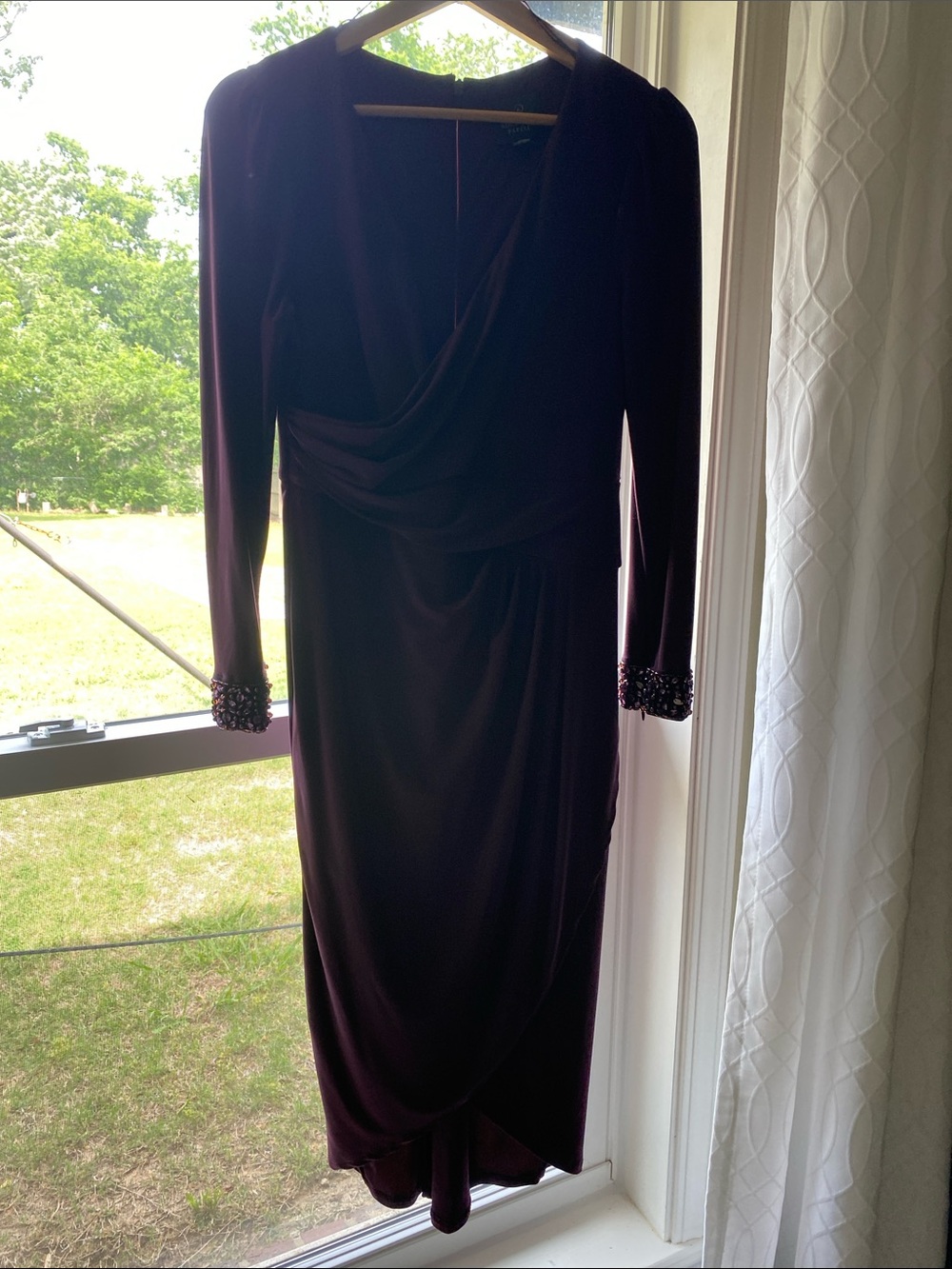 Adrianna Papell Petite Long-Sleeve Draped Midi Dress in Plum